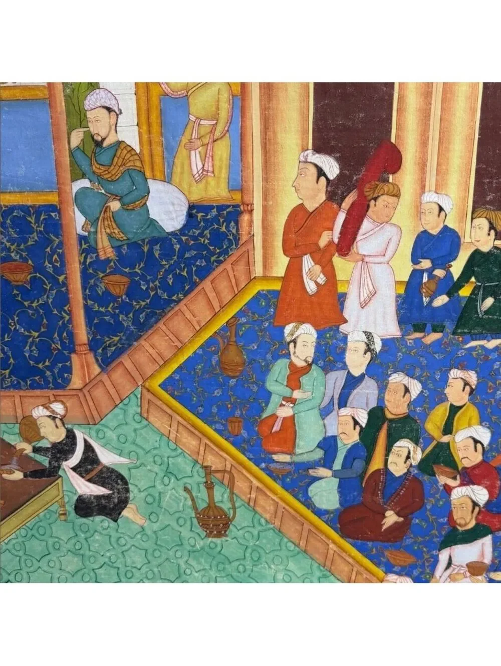 Large Hand Painted Mughal Court Scene Framed Painting Peacock Indian 32x48 inch